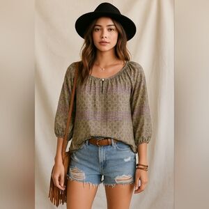 Everly Boho Floral‎ Tunic Top Small Multicolor 3/4 Sleeve Peasant Blouse USA